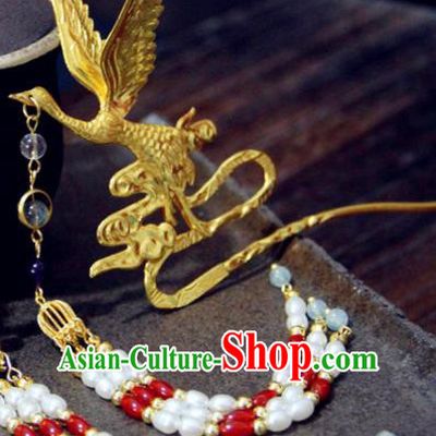 Chinese Traditional Ming Dynasty Golden Crane Tassel Hairpins Handmade Ancient Royal Princess Hair Accessories for Women