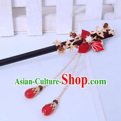 Traditional Chinese Ming Dynasty Sandalwood Red Flower Hairpins Handmade Ancient Swordsman Hair Accessories for Women