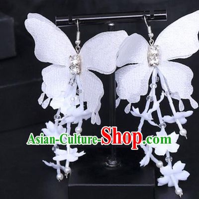 Chinese Traditional Wedding White Silk Butterfly Earrings Handmade Ancient Bride Ear Accessories for Women