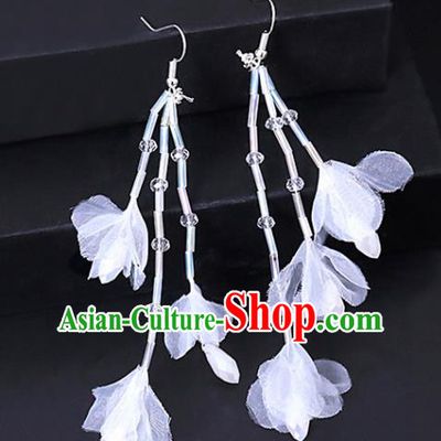 Chinese Traditional Wedding White Silk Flowers Earrings Handmade Ancient Bride Ear Accessories for Women