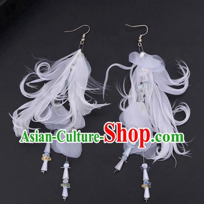 Chinese Traditional Handmade Wedding White Feather Earrings Ancient Bride Ear Accessories for Women