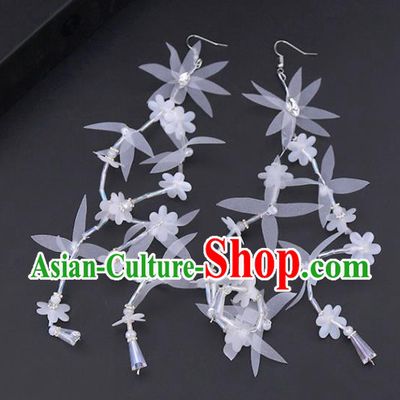 Chinese Traditional Handmade Wedding White Silk Flowers Earrings Ancient Bride Ear Accessories for Women