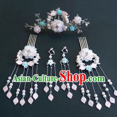 Traditional Chinese Hanfu Peach Blossom Tassel Hair Combs Hairpins Handmade Ancient Princess Hair Accessories Complete Set for Women