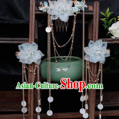 Traditional Chinese Hanfu Blue Flower Hair Comb Hairpin Handmade Ancient Princess Hair Accessories for Women