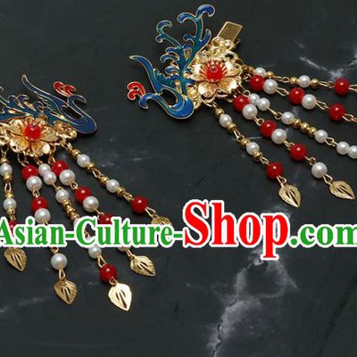 Traditional Chinese Hanfu Cloisonne Phoenix Tassel Hair Claws Handmade Ancient Princess Hair Accessories for Women