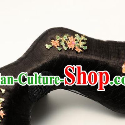 Traditional Chinese Qing Dynasty Wigs and Pink Butterfly Hairpins Handmade Ancient Imperial Consort Hair Accessories for Women