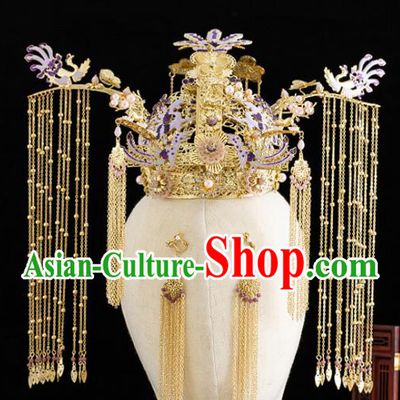 Traditional Chinese Hanfu Tassel Purple Phoenix Coronet Handmade Ancient Princess Hair Accessories for Women