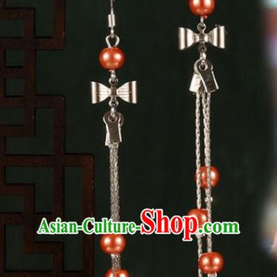 Chinese Traditional Hanfu Orange Beads Bowknot Earrings Ancient Fairy Ear Accessories for Women