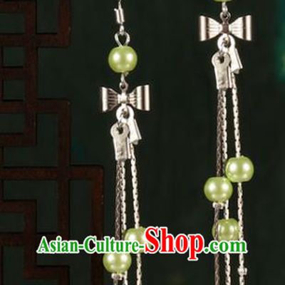 Chinese Traditional Hanfu Green Beads Bowknot Earrings Ancient Fairy Ear Accessories for Women