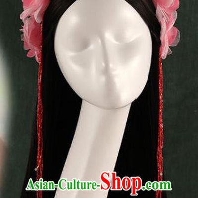 Traditional Chinese Song Dynasty Princess Wigs and Pink Hairpins Ancient Seven Fairies Hair Accessories for Women