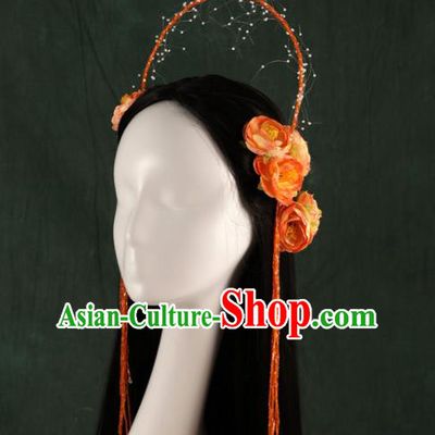 Traditional Chinese Song Dynasty Princess Wigs and Orange Peony Hairpins Ancient Seven Fairies Hair Accessories for Women