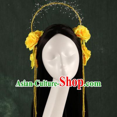 Traditional Chinese Song Dynasty Princess Wigs and Yellow Peony Hairpins Ancient Seven Fairies Hair Accessories for Women