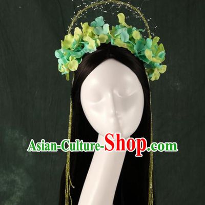 Traditional Chinese Song Dynasty Princess Wigs and Green Flowers Hairpins Ancient Seven Fairies Hair Accessories for Women