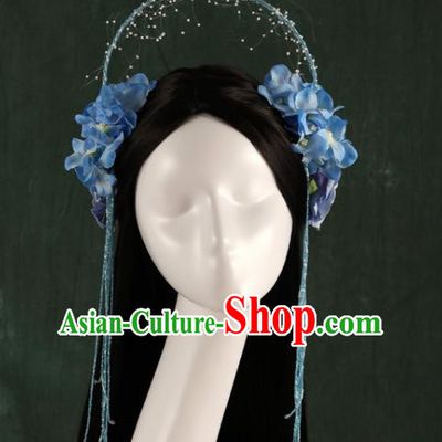 Traditional Chinese Song Dynasty Princess Wigs and Blue Flowers Hairpins Ancient Seven Fairies Hair Accessories for Women