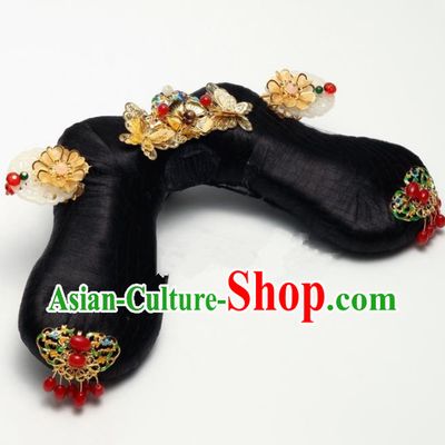 Traditional Chinese Qing Dynasty Imperial Consort Wigs and Golden Hairpins Ancient Court Lady Hair Accessories for Women