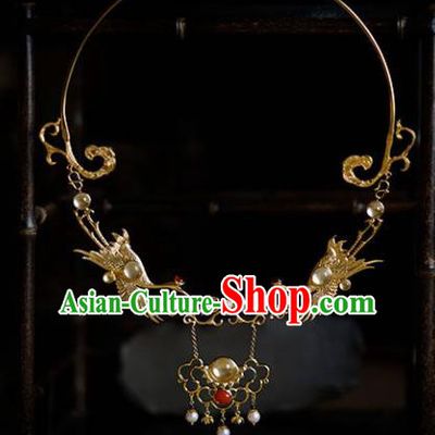 Traditional Chinese Hanfu Golden Crane Necklace Handmade Ancient Princess Necklet Accessories for Women