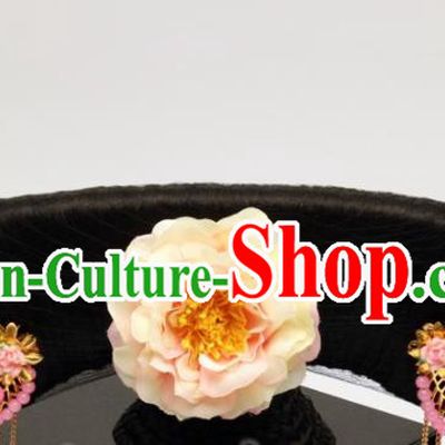 Traditional Chinese Qing Dynasty Imperial Consort Wigs and Pink Phoenix Hairpins Ancient Court Lady Hair Accessories for Women