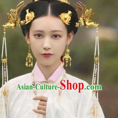 Traditional Chinese Ming Dynasty Princess Hair Crown and Phoenix Hairpins Ancient Court Queen Hair Accessories for Women