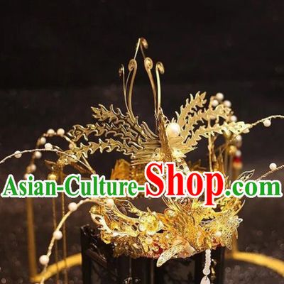Traditional Chinese Golden Phoenix Coronet Hairpins Ancient Court Queen Hair Accessories for Women