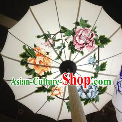 Chinese Traditional Printing Peony Hanging Lantern Handmade New Year Lamp White Cloth Palace Lanterns