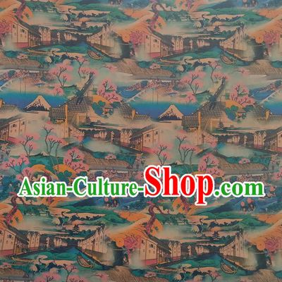 Chinese Traditional View Pattern Blue Silk Fabric Mulberry Silk Fabric Hanfu Dress Material