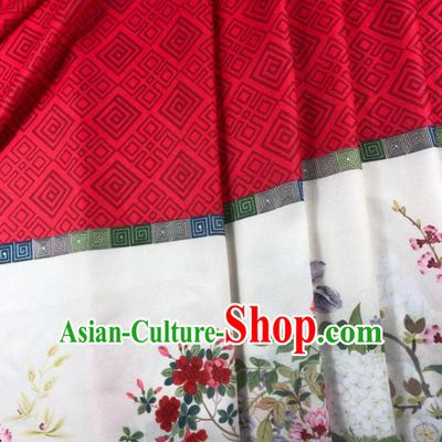 Chinese Traditional Flower Bird Pattern Red Hanfu Fabric Flax Fabric Hanfu Dress Material