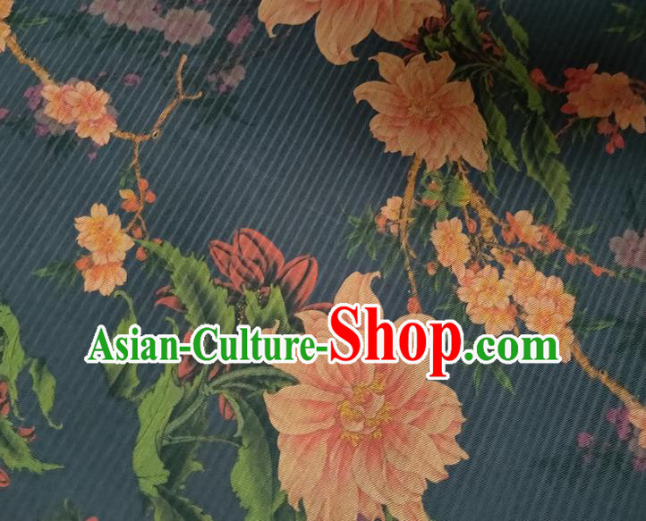 Chinese Traditional Plum Peony Pattern Navy Silk Fabric Mulberry Silk Fabric Hanfu Dress Material