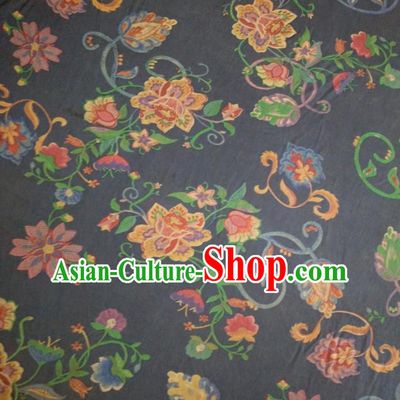 Chinese Traditional Flowers Pattern Navy Silk Fabric Mulberry Silk Fabric Hanfu Dress Material