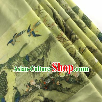 Chinese Traditional Classical Peach Blossom Pattern Green Flax Fabric Silk Fabric Hanfu Dress Material