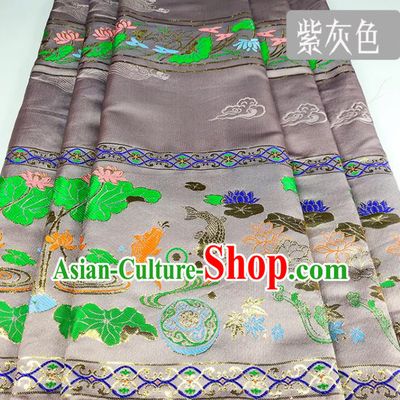Chinese Traditional Fishes Lotus Pattern Grey Brocade Fabric Silk Satin Fabric Hanfu Material