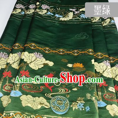 Chinese Traditional Fishes Lotus Pattern Deep Green Brocade Fabric Silk Satin Fabric Hanfu Material