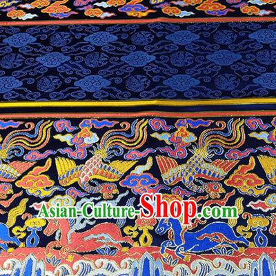 Chinese Traditional Phoenix Horse Pattern Navy Brocade Fabric Silk Satin Fabric Hanfu Material