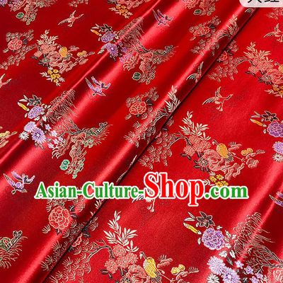 Chinese Traditional Pine Crane Pattern Red Brocade Fabric Silk Satin Fabric Hanfu Material