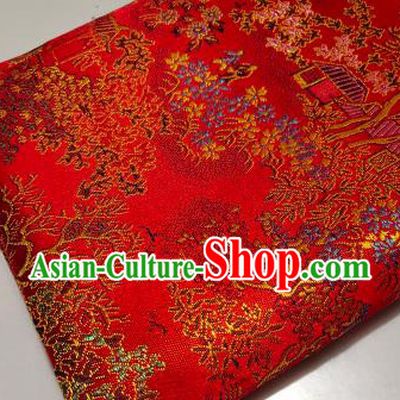 Chinese Traditional Scenery Pattern Red Brocade Fabric Silk Satin Fabric Hanfu Material