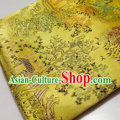 Chinese Traditional Scenery Pattern Golden Brocade Fabric Silk Satin Fabric Hanfu Material