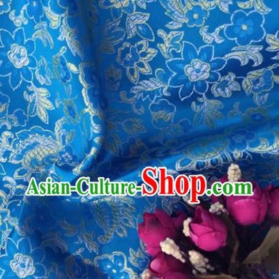 Chinese Traditional Flowers Pattern Blue Brocade Fabric Silk Satin Fabric Hanfu Material