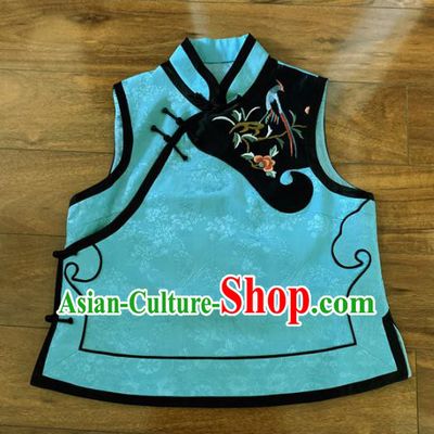 Chinese Traditional Embroidered Blue Silk Vest Tang Suit Waistcoat for Women