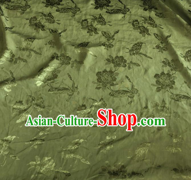 Chinese Traditional Butterfly Peony Pattern Olive Green Silk Fabric Hanfu Brocade Material
