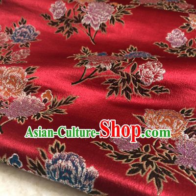 Chinese Traditional Peony Pattern Red Silk Fabric Hanfu Brocade Material