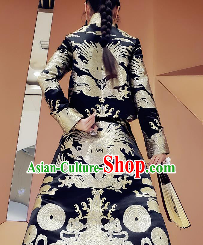 Chinese Traditional Black Brocade Blouse and Skirt Tang Suit Costumes for Women Chinese Traditional Black Brocade Blouse and Skirt Tang Suit Costumes for Women