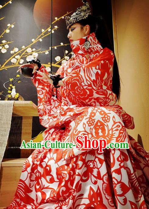 Chinese Traditional National Batik Red Dress Tang Suit Mandarin Sleeve Dress for Women Chinese Traditional National Batik Red Dress Tang Suit Mandarin Sleeve Dress for Women
