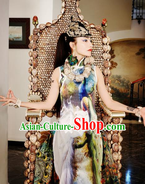 Chinese Traditional National Printing Peacock Silk Dress Tang Suit Cheongsam Costume for Women Chinese Traditional National Printing Peacock Silk Dress Tang Suit Cheongsam Costume for Women