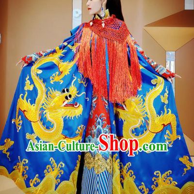 Chinese Traditional Embroidered Dragon Royalblue Cloak Tang Suit Cape Costume for Women