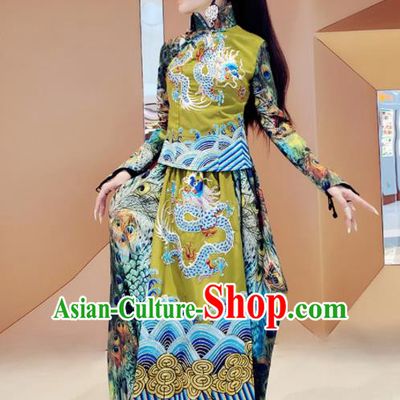 Chinese Traditional National Satin Blouse and Dress Tang Suit Cheongsam Costume for Women
