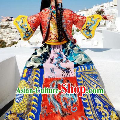 Chinese Traditional National Red Brocade Blouse and Dress Tang Suit Cheongsam for Women