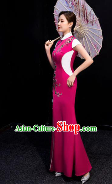 Chinese Compere National Embroidered Rosy Qipao Dress Traditional Cheongsam Costume for Women Chinese Compere National Embroidered Rosy Qipao Dress Traditional Cheongsam Costume for Women