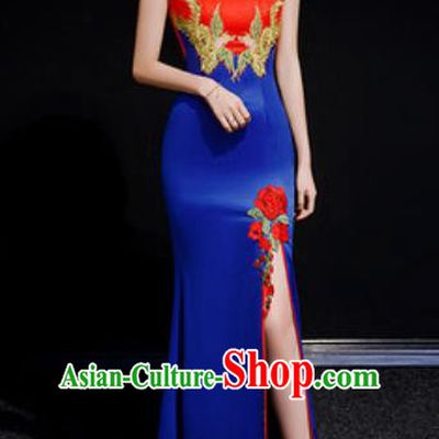 Chinese Compere National Embroidered Royalblue Qipao Dress Traditional Cheongsam Costume for Women