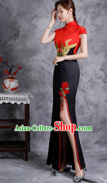 Chinese Compere National Embroidered Black Qipao Dress Traditional Cheongsam Costume for Women Chinese Compere National Embroidered Black Qipao Dress Traditional Cheongsam Costume for Women