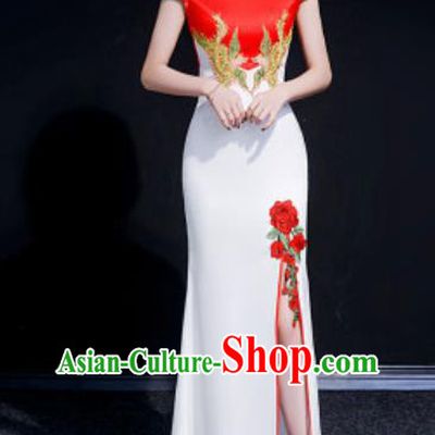 Chinese Compere National Embroidered White Qipao Dress Traditional Cheongsam Costume for Women