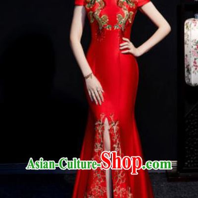 Chinese Compere National Embroidered Red Qipao Dress Traditional Cheongsam Costume for Women